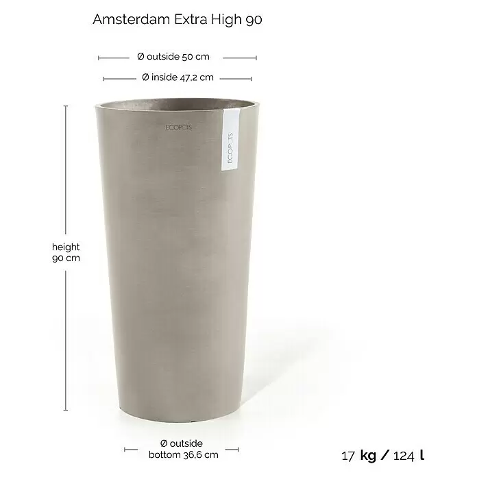 Ecopots Amsterdam Pflanzsäule rund High - Außenmaß (Ø x H): 49,8 x 91 cm, Kunststoff, Braungrau - Grauer ECOPOTS Amsterdam Extra High 90 konischer Pflanzkübel, 90cm H, Ø 50cm oben, Ø 36,6cm unten, 17kg, 124L.