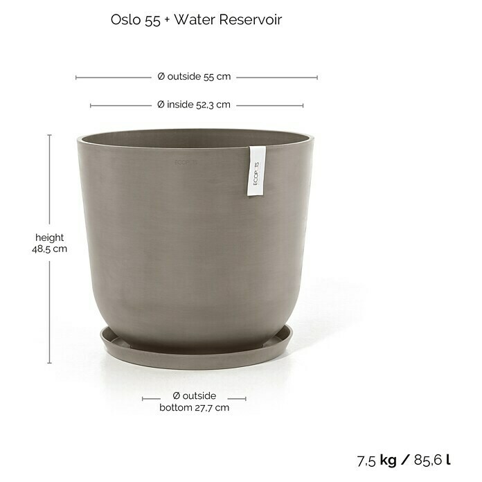 Ecopots Oslo Pflanztopf mit Wasserspeicher (Außenmaß (Ø x H): 55 x 47,9 cm, Kunststoff, Braungrau) | BAUHAUS