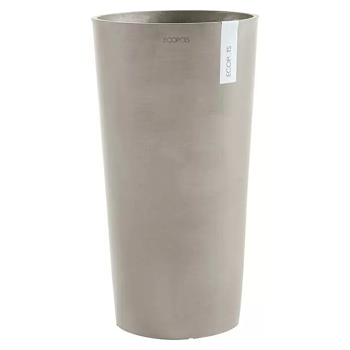 Ecopots Amsterdam Pflanzsäule rund High - Außenmaß (Ø x H): 49,8 x 91 cm, Kunststoff, Braungrau - Hoher, hellgrauer, zylindrischer Pflanztopf mit dezenter Textur und ECOPOTS-Branding.
