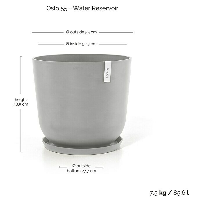 Ecopots Oslo Pflanztopf mit Wasserspeicher (Außenmaß (Ø x H): 55 x 47,9 cm, Kunststoff, Weißgrau) | BAUHAUS