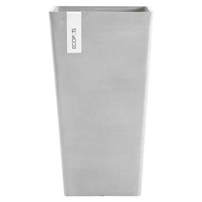 Ecopots Rotterdam Pflanzsäule eckig - Außenmaß (L x B x H): 30,5 x 30,5 x 50,5 cm, Kunststoff, Weiß, Grau - Hoher, hellgrauer rechteckiger Pflanzkübel mit „ECOPOTS“-Etikett.