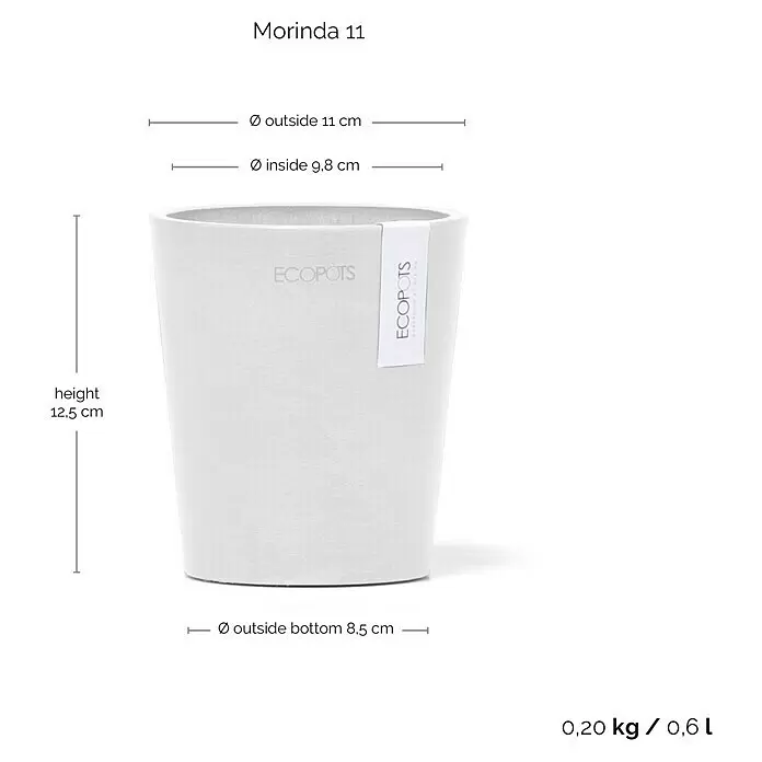 Ecopots Orchideentopf Morinda - Außenmaß (Ø x H): 11 x 12,5 cm, Kunststoff, Weiß - Weißer ECOPOTS Morinda 11 Pflanztopf mit Maßen: Höhe 12,5cm, Ø oben außen 11cm, innen 9,8cm, Ø Boden 8,5cm; 0,20kg/0,6L.