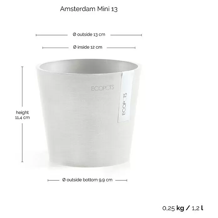Ecopots Amsterdam Pflanztopf Mini - Außenmaß (Ø x H): 13 x 11,4 cm, Kunststoff, Weiß - Hellgrauer Ecopots Amsterdam Mini 13 Blumentopf, mit Maßen: Höhe 11,4 cm, Außendurchmesser 13 cm.