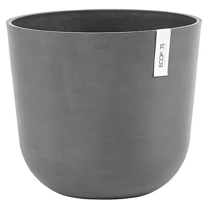 Ecopots Oslo Pflanztopf mit Wasserspeicher - Außenmaß (Ø x H): 35 x 40,5 cm, Kunststoff, Grau - Dunkelgrauer ECOPOTS Pflanzkübel mit strukturierter Oberfläche und weißem Markenetikett.