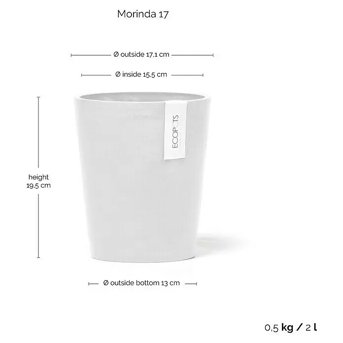 Ecopots Orchideentopf Morinda - Außenmaß (Ø x H): 17,1 x 19,5 cm, Kunststoff, Weiß - Hellgrauer konischer Pflanztopf: H 19,5cm, Ø oben 17,1cm, Ø unten 13cm, 0,5kg/2L Fassungsvermögen.