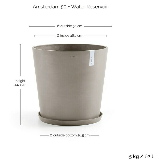 Ecopots Amsterdam Pflanzkübel rund (Außenmaß (Ø x H): 50 x 44,3 cm, Kunststoff, Braungrau, Mit Bewässerungssystem) | BAUHAUS