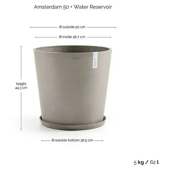 Ecopots Amsterdam Pflanzkübel rund - Außenmaß (Ø x H): 50 x 44,3 cm, Kunststoff, Braungrau, Mit Bewässerungssystem - Grauer ECOPOTS Amsterdam Pflanzkübel mit Untersetzer; 50 cm Durchmesser, 44,3 cm Höhe, 62 L Volumen.