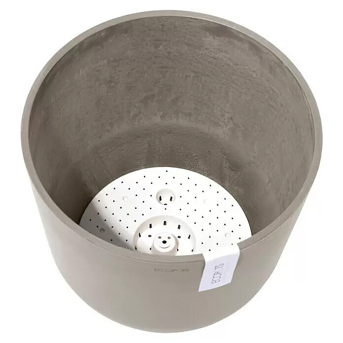 Ecopots Oslo Pflanztopf mit Wasserspeicher - Außenmaß (Ø x H): 35 x 40,5 cm, Kunststoff, Braungrau - Grauer Pflanztopf in Betonoptik mit weißem Selbstbewässerungseinsatz und ECOPOTS-Etikett.