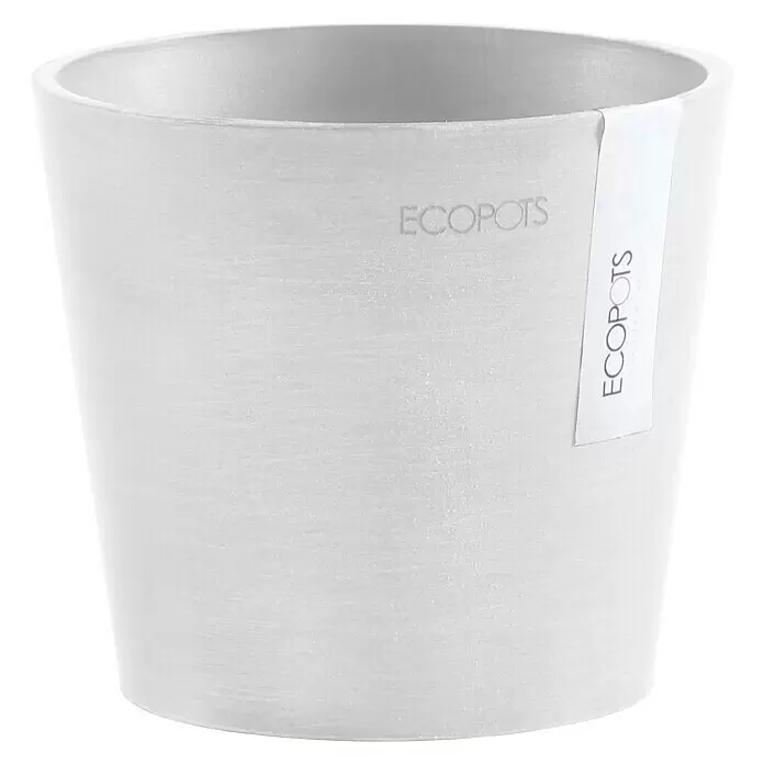 Ecopots Amsterdam Pflanztopf Mini - Außenmaß (Ø x H): 13 x 11,4 cm, Kunststoff, Weiß - Weißer strukturierter Blumentopf mit 'ECOPOTS'-Etikett.