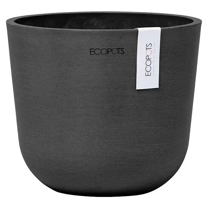 Ecopots Oslo Pflanztopf Mini - Außenmaß (Ø x H): 16 x 13,7 cm, Kunststoff, Dunkelgrau - Dunkelgrauer, strukturierter runder ECOPOTS Pflanztopf mit weißem Markenetikett.