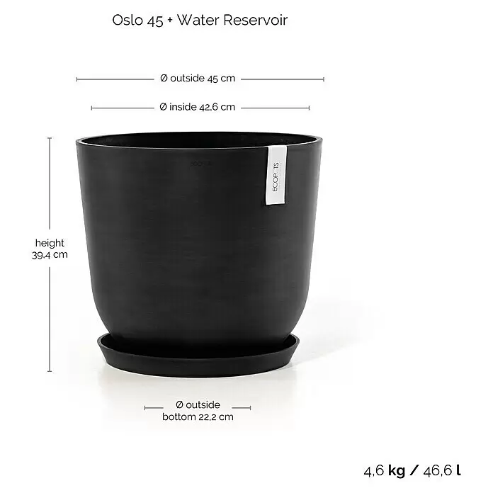 Ecopots Oslo Pflanztopf mit Wasserspeicher - Außenmaß (Ø x H): 45 x 39,4 cm, Kunststoff, Dunkelgrau - Schwarzer Oslo 45 Pflanztopf mit Wasserspeicher, Unterschale und detaillierten Maßen.