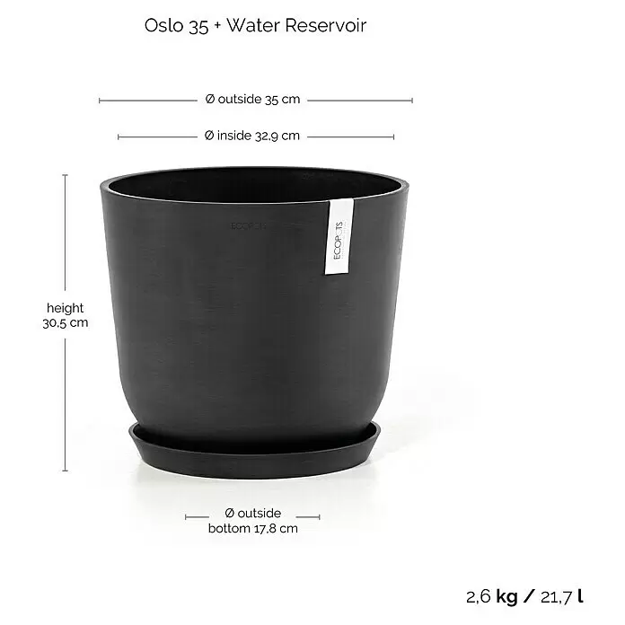 Ecopots Oslo Pflanztopf mit Wasserspeicher - Außenmaß (Ø x H): 35 x 40,5 cm, Kunststoff, Dunkelgrau - Dunkelgrauer Ecopots Oslo 35 Blumentopf mit Untersetzer und Wasserreservoir, zeigt Maße und Daten.