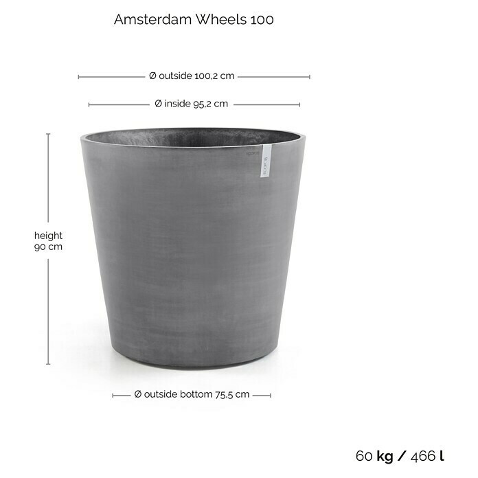 Ecopots Amsterdam Pflanzkübel rund Wheels (Außenmaß (Ø x H): 100,2 x 88,7 cm, Kunststoff, Grau, Ausstattung Pflanzgefäß: Rollen) | BAUHAUS