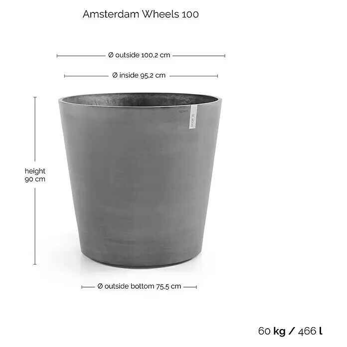 Ecopots Amsterdam Pflanzkübel rund Wheels - Außenmaß (Ø x H): 100,2 x 88,7 cm, Kunststoff, Grau, Ausstattung Pflanzgefäß: Rollen - Hoher, grauer, konischer Pflanzkübel mit matter Oberfläche, Maßen und Fassungsvermögen.