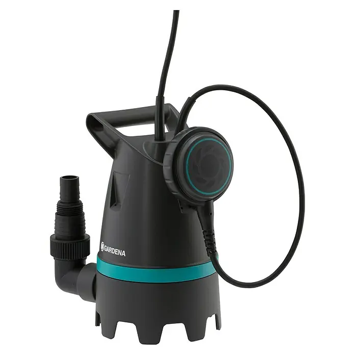 Gardena Schmutzwasserpumpe 10500 BASIC - 400 W, Max. Fördermenge: 10.500 l/h - Abgebildet ist eine GARDENA Schmutzwasser-Tauchpumpe in Schwarz mit türkisfarbenen Akzenten, ideal für Teiche und überflutete Bereiche.