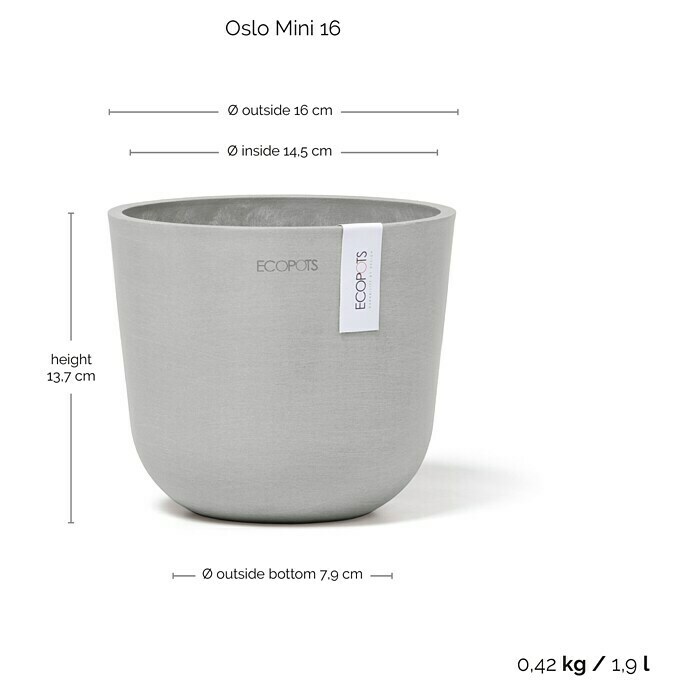 Ecopots Oslo Pflanztopf Mini (Außenmaß (Ø x H): 16 x 14 cm, Kunststoff, Weißgrau) | BAUHAUS