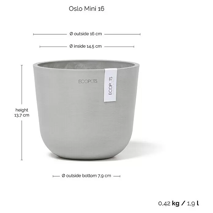 Ecopots Oslo Pflanztopf Mini - Außenmaß (Ø x H): 16 x 13,7 cm, Kunststoff, Weißgrau - Hellgrauer Ecopots Oslo Mini 16 Pflanztopf, rund, mit detaillierten Maßen dargestellt.