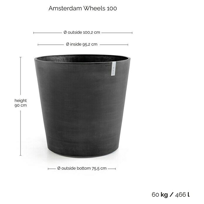 Ecopots Amsterdam Pflanzkübel rund Wheels (Außenmaß (Ø x H): 100,2 x 88,7 cm, Kunststoff, Dunkelgrau, Ausstattung Pflanzgefäß: Rollen) | BAUHAUS