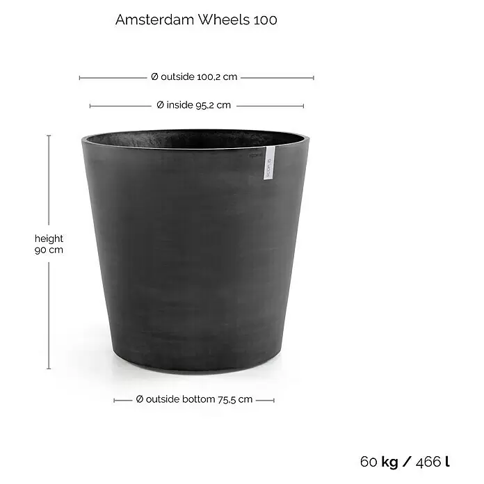 Ecopots Amsterdam Pflanzkübel rund Wheels - Außenmaß (Ø x H): 100,2 x 88,7 cm, Kunststoff, Dunkelgrau, Ausstattung Pflanzgefäß: Rollen - Großer, dunkelgrauer konischer ECOPOTS Pflanzkübel. Maße: H 90cm, oben Ø 100,2cm, unten Ø 75,5cm, Fassungsvermögen 466L.