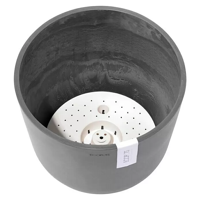 Ecopots Oslo Pflanztopf mit Wasserspeicher - Außenmaß (Ø x H): 25 x 21,4 cm, Kunststoff, Grau - Dunkelgrauer Pflanztopf mit integriertem weißen Selbstbewässerungseinsatz.