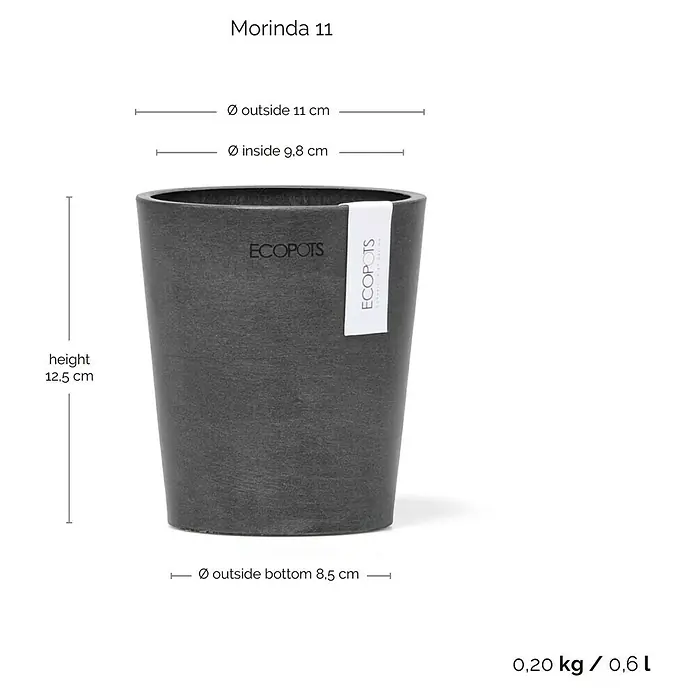 Ecopots Orchideentopf Morinda - Außenmaß (Ø x H): 11 x 12,5 cm, Kunststoff, Dunkelgrau - Bild eines grauen Morinda 11 Pflanztopfs von Ecopots mit Größenangaben zu Höhe und Durchmesser, ideal für Zimmerpflanzen und Garten.