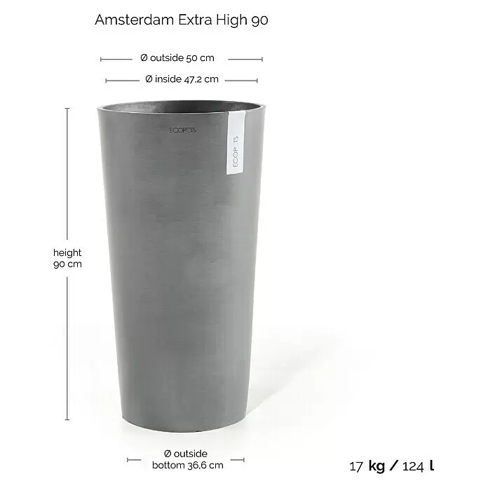 Ecopots Amsterdam Pflanzsäule rund High - Außenmaß (Ø x H): 49,8 x 91 cm, Kunststoff, Grau - Hoher grauer Pflanzkübel, Maße: Höhe 90cm, oben ø50cm, unten ø36,6cm, 17kg, 124L.