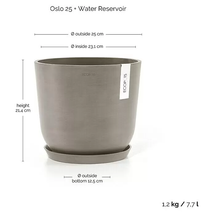 Ecopots Oslo Pflanztopf mit Wasserspeicher - Außenmaß (Ø x H): 25 x 21,4 cm, Kunststoff, Braungrau - Grauer, strukturierter Blumentopf mit passendem Untersetzer.