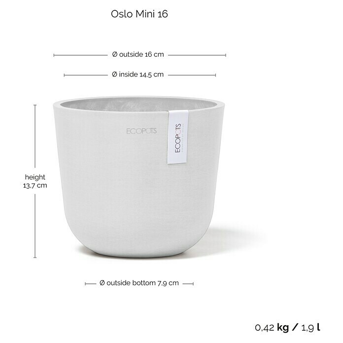 Ecopots Oslo Pflanztopf Mini (Außenmaß (Ø x H): 16 x 14 cm, Kunststoff, Weiß) | BAUHAUS