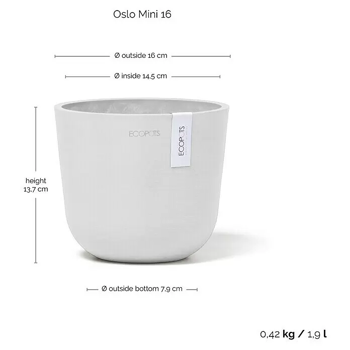 Ecopots Oslo Pflanztopf Mini - Außenmaß (Ø x H): 16 x 13,7 cm, Kunststoff, Weiß - Hellgrauer ECOPOTS Oslo Mini 16 Blumentopf, 16 cm Außendurchmesser, 13,7 cm hoch, 1,9 L Volumen.