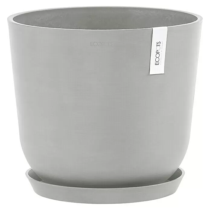 Ecopots Oslo Pflanztopf mit Wasserspeicher - Außenmaß (Ø x H): 35 x 40,5 cm, Kunststoff, Weißgrau - Hellgrauer Blumentopf mit Untersetzer, strukturierter Oberfläche und Etikett.