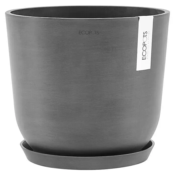 Ecopots Oslo Pflanztopf mit Wasserspeicher - Außenmaß (Ø x H): 25 x 21,4 cm, Kunststoff, Grau - Dunkelgrauer ECOPOTS Pflanztopf mit texturierter Oberfläche und passendem Untersetzer.