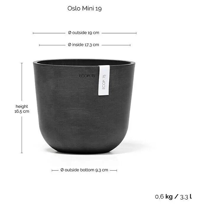 Ecopots Oslo Pflanztopf Mini - Außenmaß (Ø x H): 19 x 16,5 cm, Kunststoff, Dunkelgrau - Dunkelgrauer, strukturierter Blumentopf mit Produktdetails.