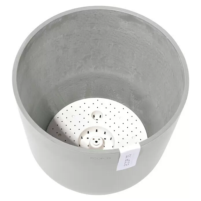 Ecopots Oslo Pflanztopf mit Wasserspeicher - Außenmaß (Ø x H): 35 x 40,5 cm, Kunststoff, Weißgrau - Grauer Pflanztopf in Beton-Optik mit weißem Selbstbewässerungseinsatz und Drainagelöchern innen.