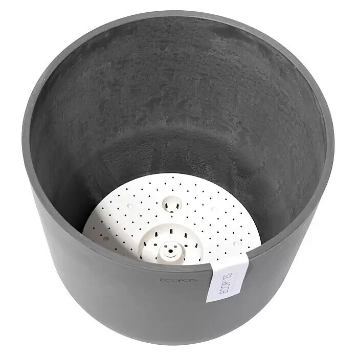 Ecopots Oslo Pflanztopf mit Wasserspeicher - Außenmaß (Ø x H): 35 x 40,5 cm, Kunststoff, Grau - Grauer texturierter Blumentopf mit weißem internen Drainagesystem.