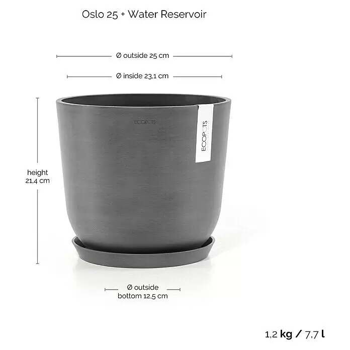 Ecopots Oslo Pflanztopf mit Wasserspeicher - Außenmaß (Ø x H): 25 x 21,4 cm, Kunststoff, Grau - Dunkelgrauer Oslo 25 ECOPOTS Pflanzentopf mit Untersetzer, Maße und Wasserreservoir.