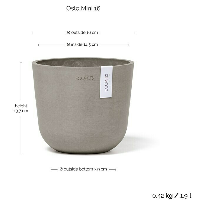 Ecopots Oslo Pflanztopf Mini (Außenmaß (Ø x H): 16 x 14 cm, Kunststoff, Braungrau) | BAUHAUS