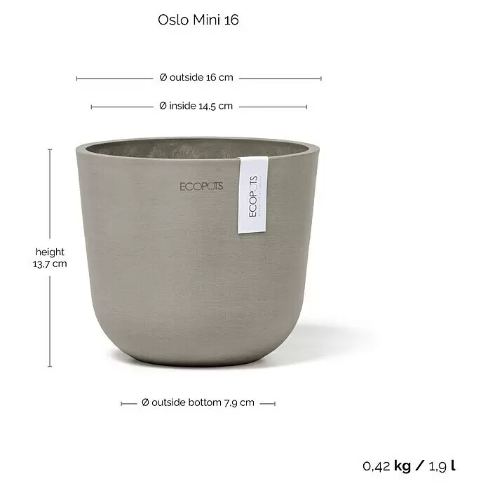Ecopots Oslo Pflanztopf Mini - Außenmaß (Ø x H): 16 x 13 cm, Kunststoff, Braungrau - Grauer runder Ecopots Oslo Mini 16 Pflanztopf mit angegebenen Maßen und Volumen.