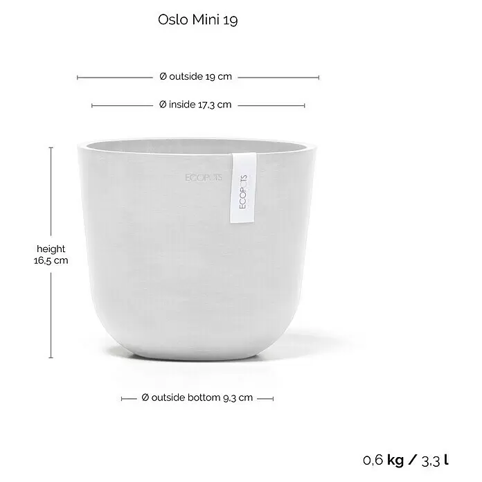 Ecopots Oslo Pflanztopf Mini - Außenmaß (Ø x H): 19 x 16,5 cm, Kunststoff, Weiß - Heller, grauer ECOPOTS Oslo Mini 19 Pflanzentopf mit sichtbaren Maßen, 0,6 kg Gewicht und 3,3 L Volumen.