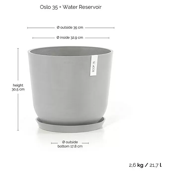 Ecopots Oslo Pflanztopf mit Wasserspeicher - Außenmaß (Ø x H): 35 x 40,5 cm, Kunststoff, Weißgrau - Hellgrauer ECOPOTS 'Oslo 35' Pflanztopf mit Untersetzer und Wasserreservoir, Maße und Fassungsvermögen angezeigt.