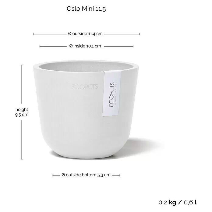 Ecopots Oslo Pflanztopf Mini - Außenmaß (Ø x H): 11,4 x 9,5 cm, Kunststoff, Weiß - Weißer ECOPOTS Oslo Mini 11.5 Pflanztopf mit detaillierten Maßen für Höhe, Außen-/Innendurchmesser und Bodendurchmesser.