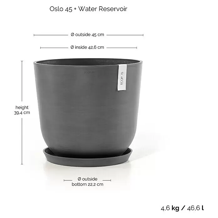 Ecopots Oslo Pflanztopf mit Wasserspeicher - Außenmaß (Ø x H): 45 x 39,4 cm, Kunststoff, Grau - Dunkelgrauer Pflanztopf 'Oslo 45' mit integriertem Wasserreservoir und Untersetzer, Maße angezeigt.