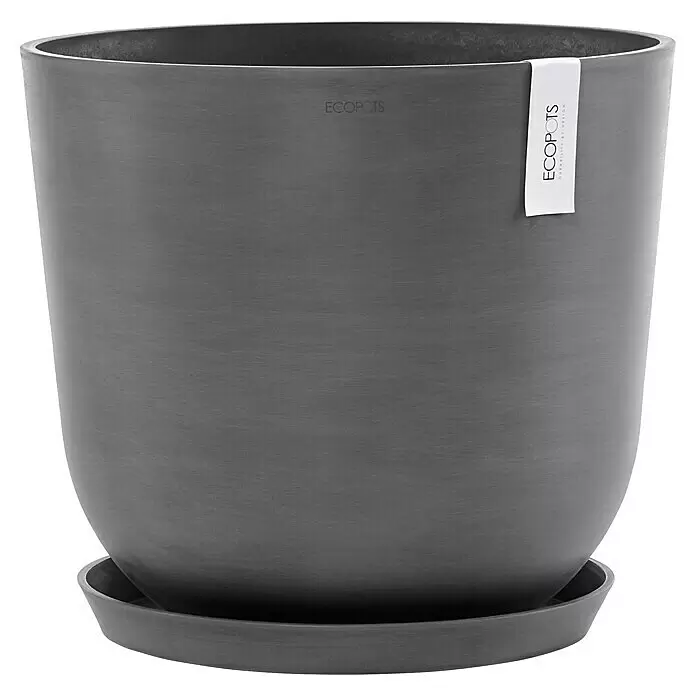 Ecopots Oslo Pflanztopf mit Wasserspeicher - Außenmaß (Ø x H): 45 x 39,4 cm, Kunststoff, Grau - Dunkelgrauer runder Pflanzentopf mit passender Unterschale. Hat eine strukturierte Oberfläche und ein ECOPOTS Markenetikett.