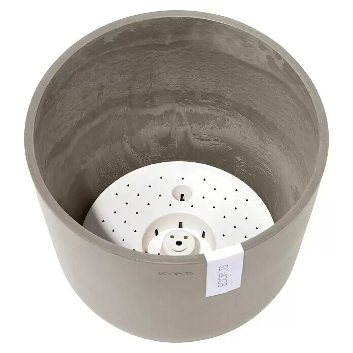 Ecopots Oslo Pflanztopf mit Wasserspeicher - Außenmaß (Ø x H): 25 x 21,4 cm, Kunststoff, Braungrau - Grauer Pflanzkübel mit weißem Selbstbewässerungseinsatz. Der robuste Topf bietet eine effiziente Drainage und Bewässerungslösung für Pflanzen.