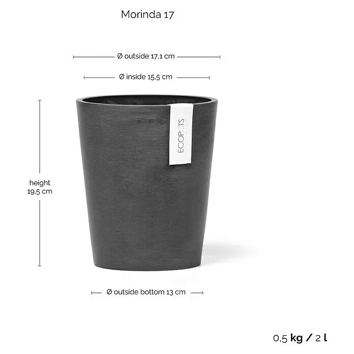 Ecopots Orchideentopf Morinda - Außenmaß (Ø x H): 17,1 x 19,5 cm, Kunststoff, Dunkelgrau - Dunkelgrauer Morinda 17 Blumentopf, 19,5 cm hoch, 2L Fassungsvermögen.