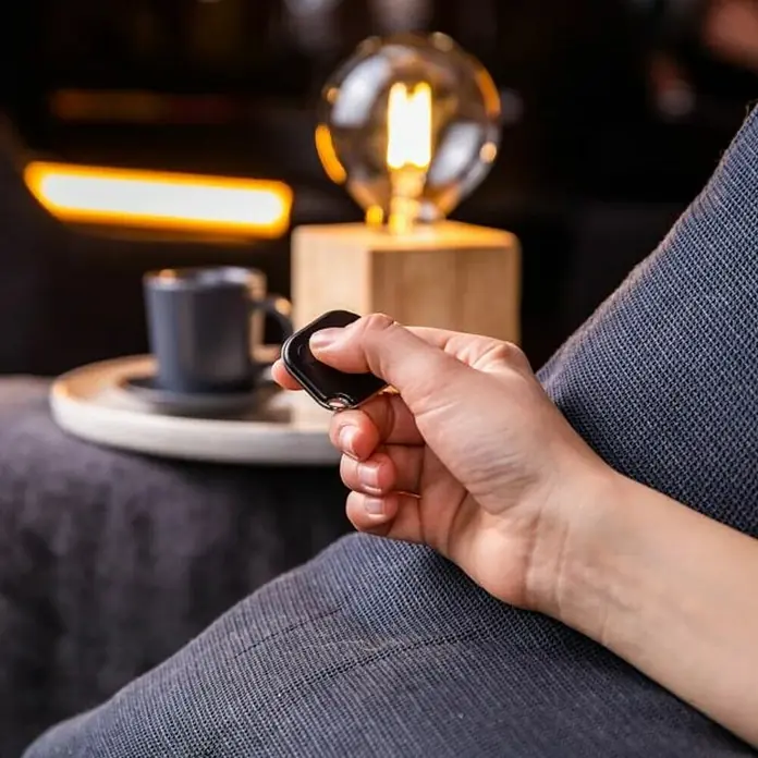 Shelly Schalter BLU Button1 - Schwarz, Batteriebetrieben - Nahaufnahme einer Hand, die eine smarte Fernbedienung hält, mit Lampe und Tasse im Hintergrund.