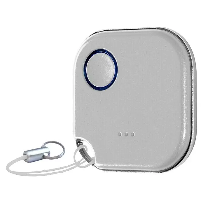 Shelly Schalter BLU Button1 - Weiß, Batteriebetrieben - Hellgraues, rechteckiges Gerät mit abgerundeten Ecken, blau umrandetem Knopf, drei Punkten und weißem Schlüsselband mit silbernem Schlüsselring.