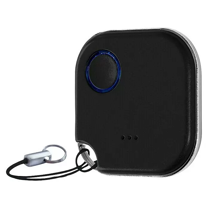 Shelly Schalter BLU Button1 - Schwarz, Batteriebetrieben - Schwarzes Elektronikgerät mit abgerundeten Ecken, silbernem Rand, blau beleuchtetem Knopf, Anzeigeleuchten und schwarzem Trageband.