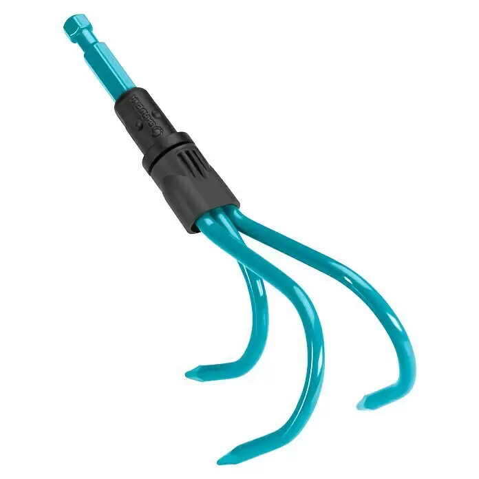 Gardena Combisystem Kleingeräte-Set - 4 -tlg. - Hellblauer Gardena Handgrubber-Aufsatz mit drei Zinken, schwarzem Verbinder und Sechskantschaft.