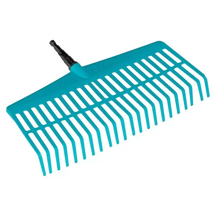 Gardena Combisystem Kleingeräte-Set - 4 -tlg. - Blauer Gardena Kunststoff-Rechenkopf mit flexiblen Zinken und Griffanschluss.