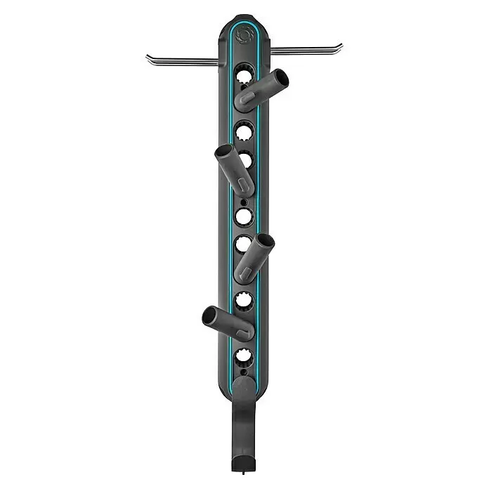 Gardena Combisystem Kleingeräte-Set - 4 -tlg. - Dunkelgraues vertikales Gartenpaneel mit blauem Streifen, abgewinkelten Auslässen, oberen Haltestangen und unterem Haken.